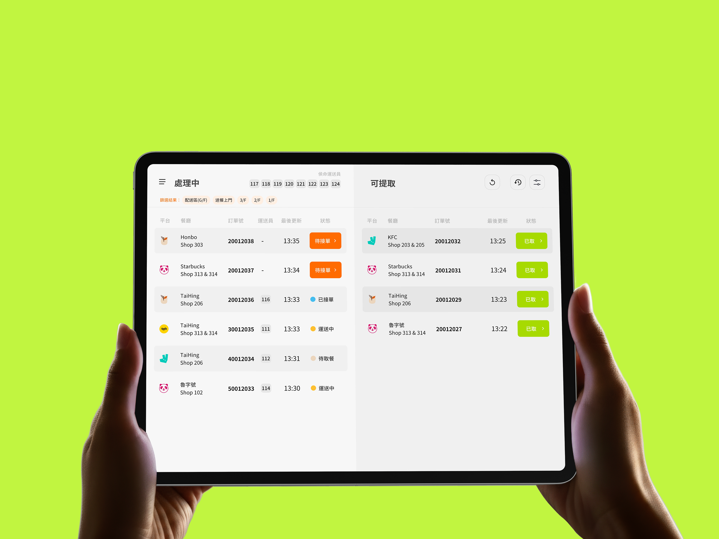 Mockup of the Omni-Queue & Booking System, showing a B2B SaaS tablet interface with a dark UI theme for queue management and table availability.